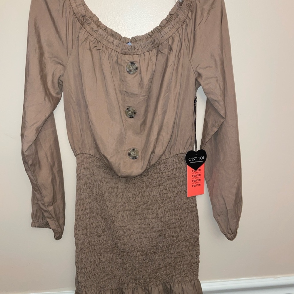 Cest toi light brown peasant dress long sleeve faux button front new with tags